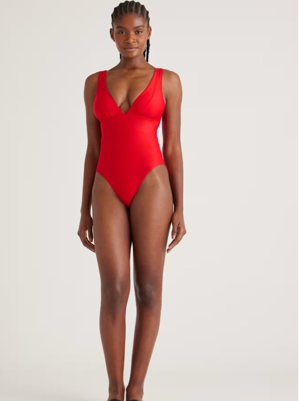 Quince Italian Plunge Red V-Neck One-Piece Swimsuit
